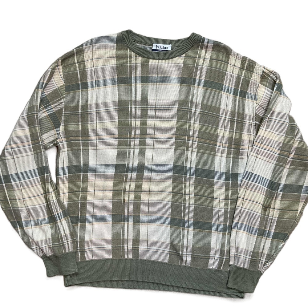 Jos A Bank Green Beige Plaid Crew Neck Pullover Sweater Sz Lg Grandpacore Preppy